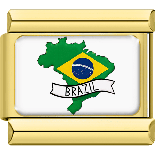 Rectangular Italian charm with gold frame featuring the shape of Brazil in green with the national flag emblem overlay, and a white banner reading “Brazil.”